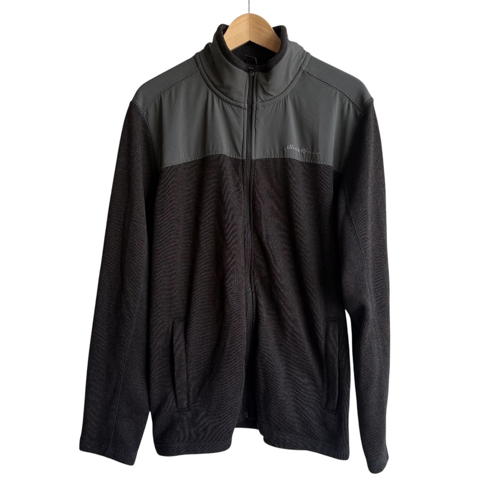 Eddie Bauer Mens Full Zip Fleece Jacket Sweater Black/Gray Hike Size Large‎